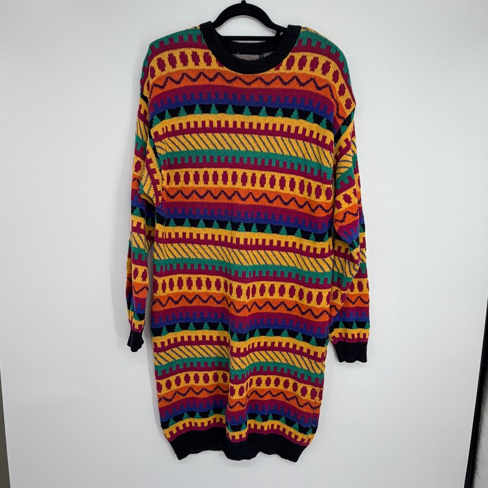 Vintage Plus Size 18W Colorful Geometric Oversize Sweater Tunic Dress 90s